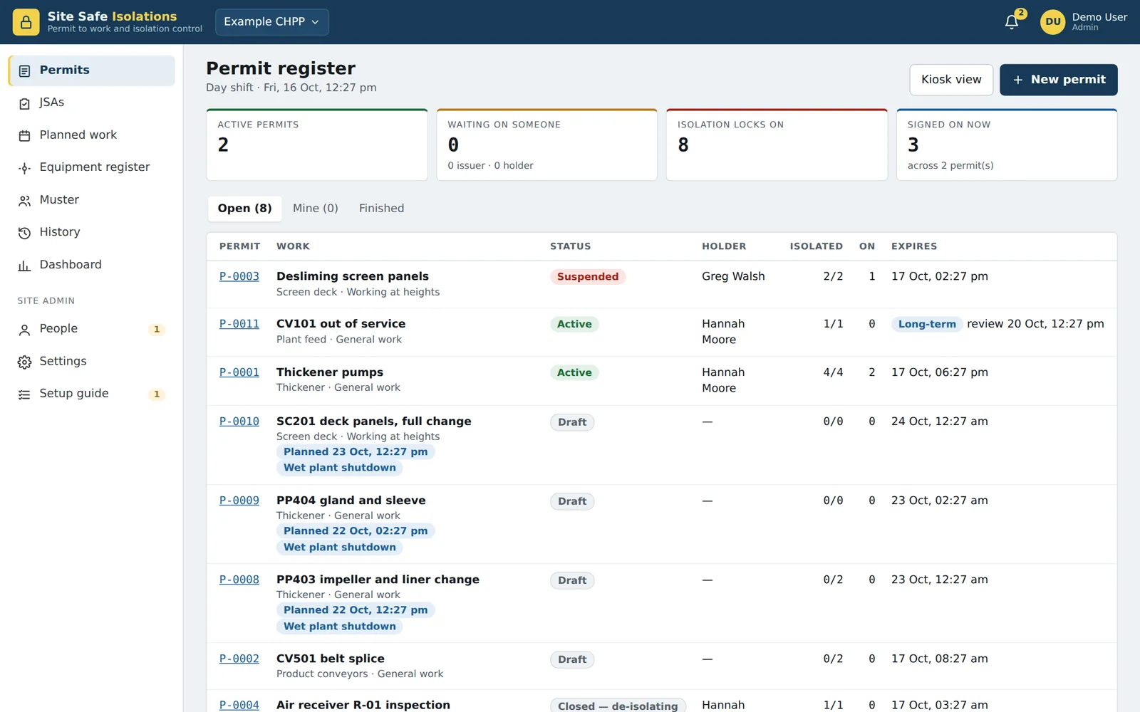The permit register on a computer: active permits, waiting on someone, isolation locks on, signed on now, and the open permits with status and holder