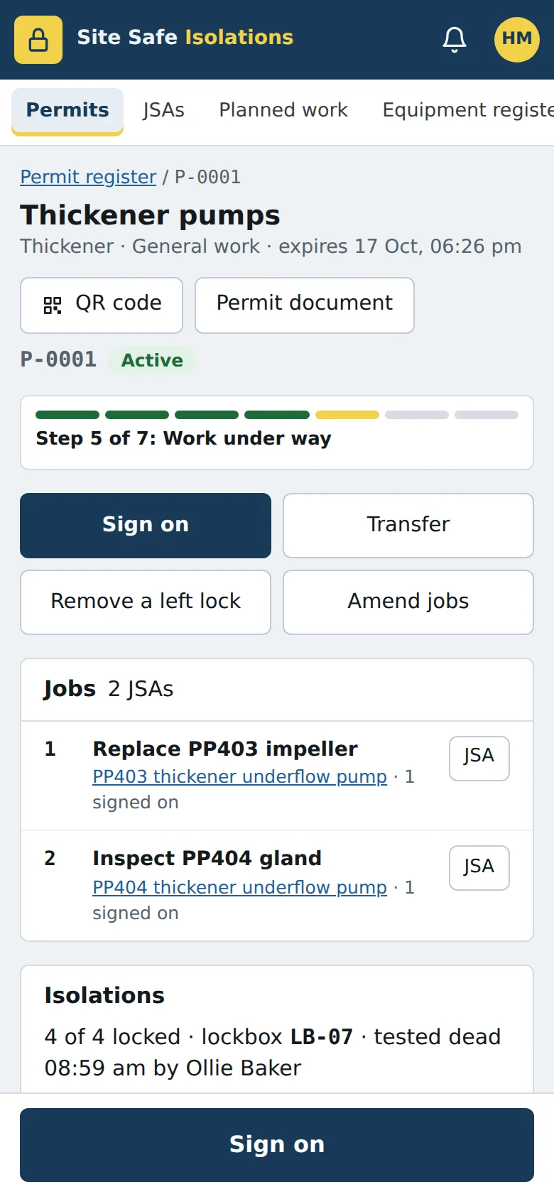 An active isolation permit on a phone: step 5 of 7, jobs, isolations, and a Sign on button