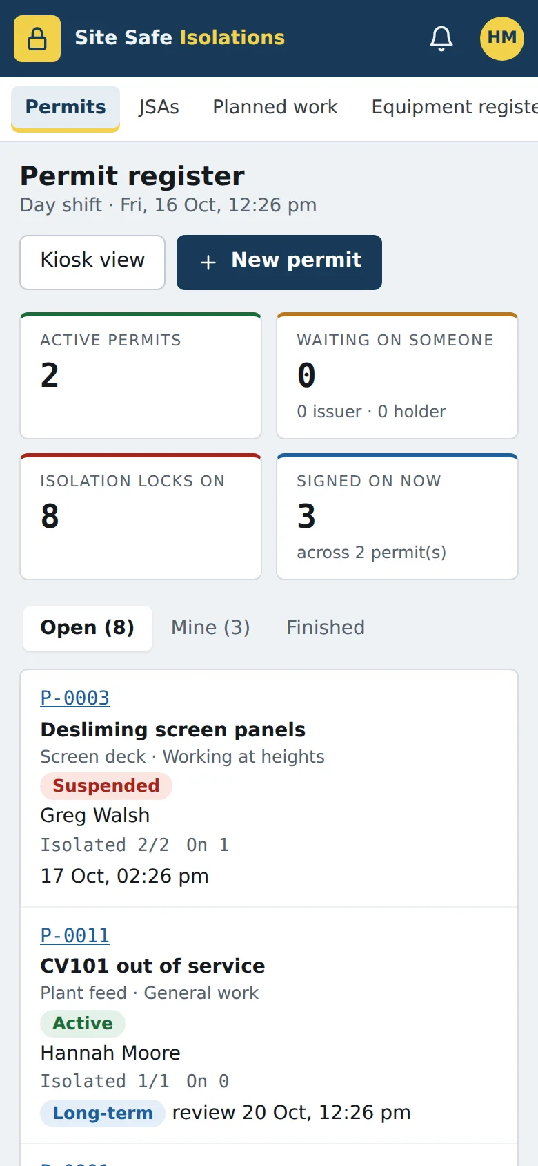 The permit register on a phone: active permits, isolation locks on, who's signed on, and the open permits