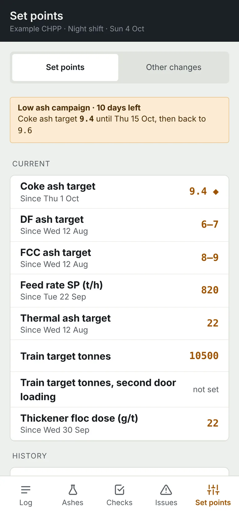 Set points on a phone: a low ash campaign and the current targets with when they were set